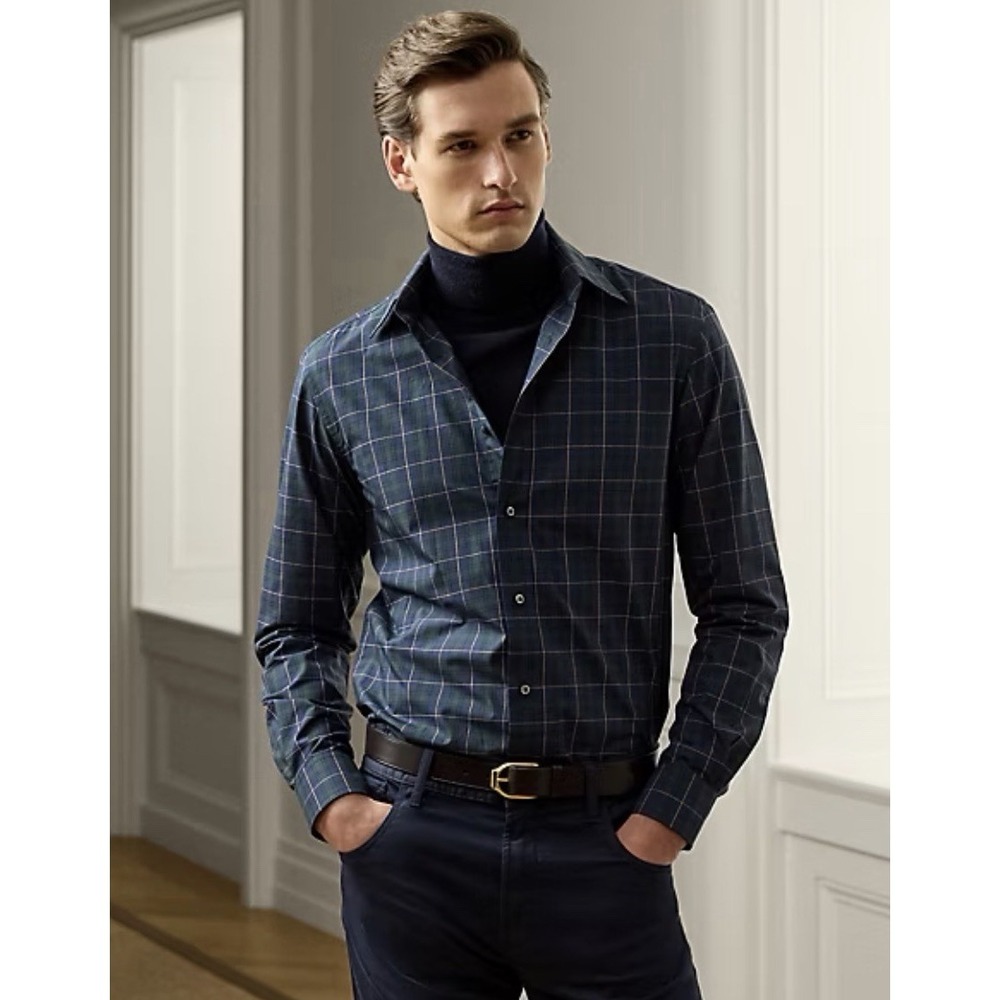 Ralph Lauren Purple Label Poplin Shirt in Blackwatch Navy Plaid Men Med NWT $495